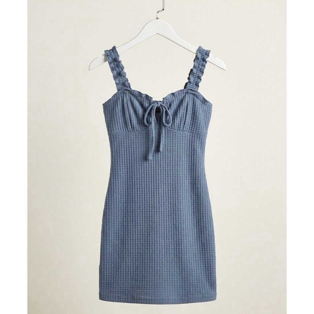 SHEIN Dusty Blue Waffle-Knit Mini Dress with Ruffle Straps - Size XS